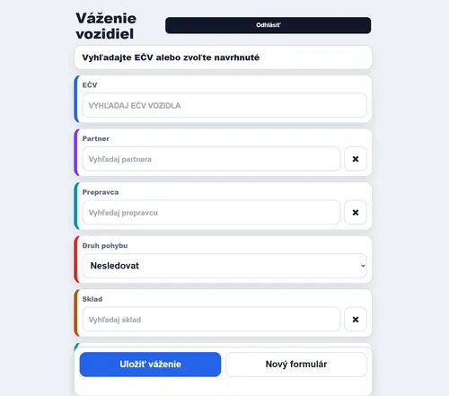 Mobilné webové rozhranie AVS s formulárom na zadanie údajov o vážení