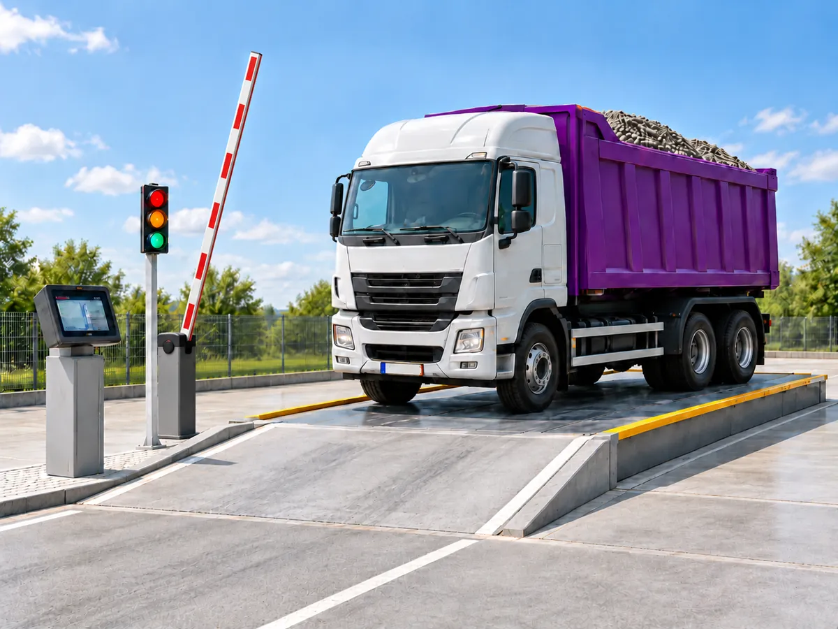Nákladné auto na mostovej váhe so samoobslužným terminálom, semaforom a závorou