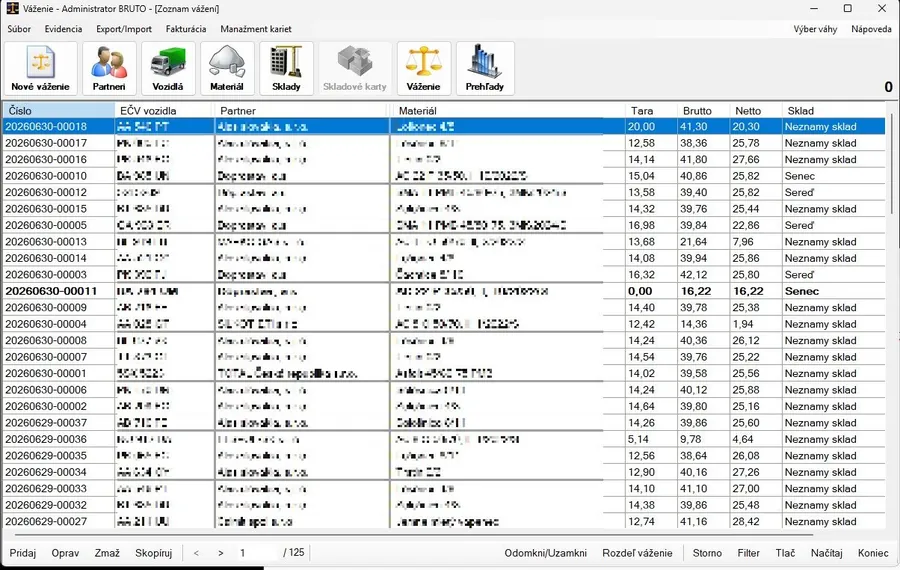 Program Váženie so zoznamom vážení vozidiel, tarou, brutto a netto hmotnosťou