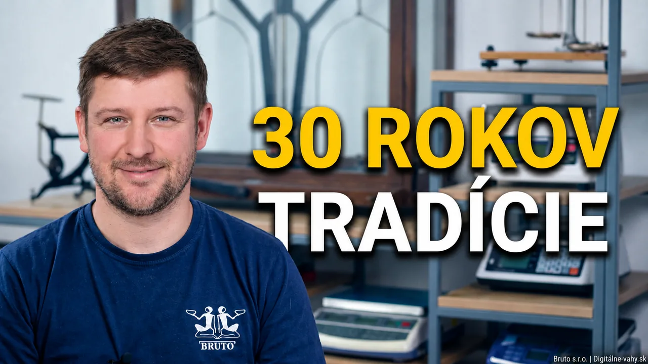 Ing. Miloš Sidor v laboratóriu Bruto pred váhami, nápis 30 rokov tradície